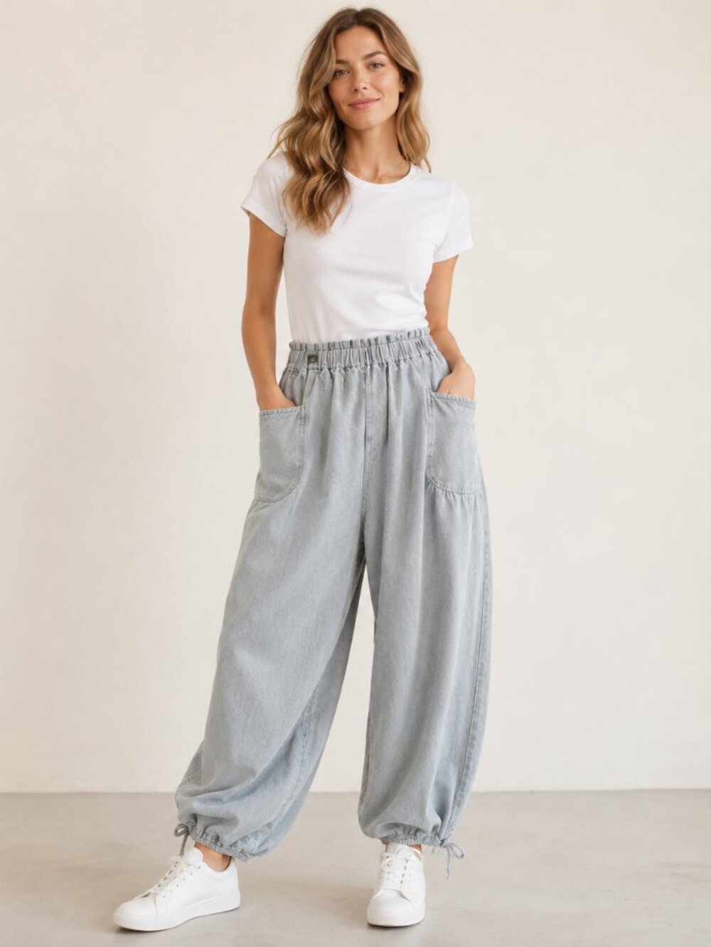 NWT BiBi IP1063 Chambray Cargo Jogger Pants Blue Size M